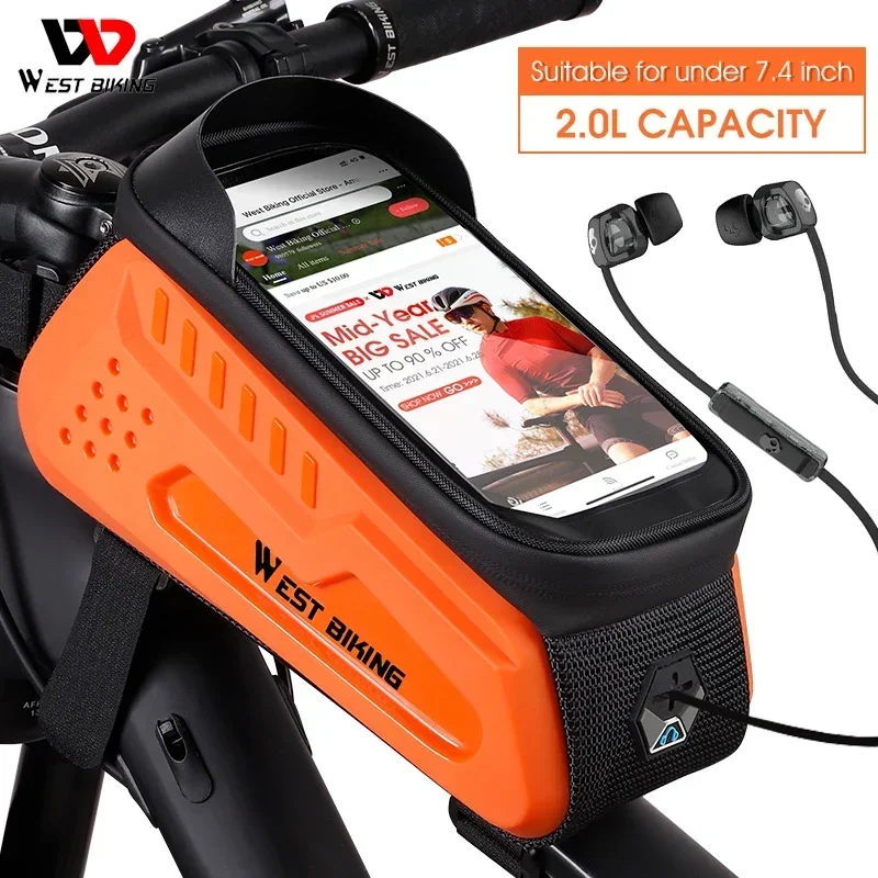 WEST BIKING – sac de vélo à coque rigide en TPU pour écran tactile de 6 à 7.4 pouces, support de téléphone, sacoche étanche à faisceau avant pour