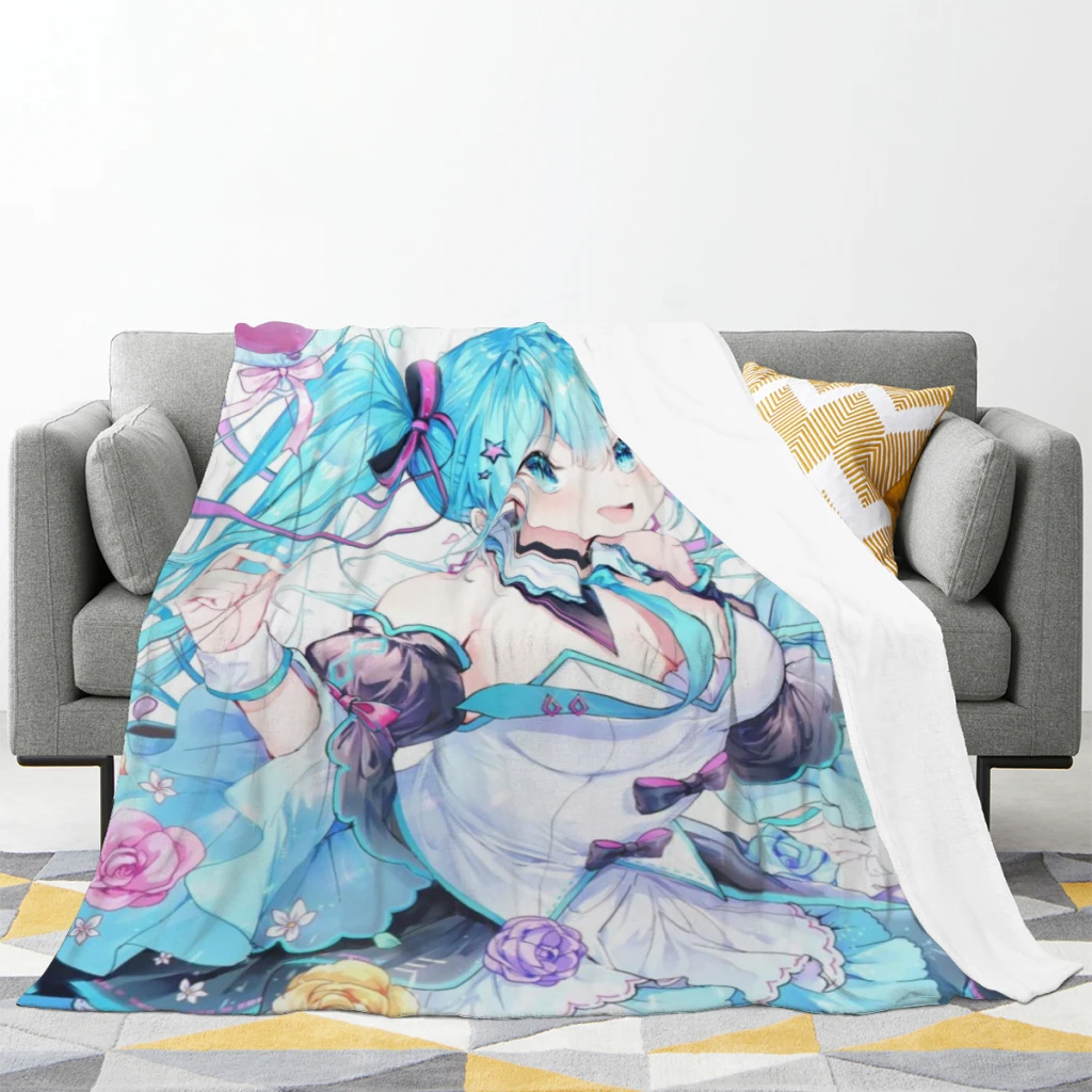 H-Hatsune Anime Miku-Poster Cartoon Flannel Multifunction Warm Lid Blanket