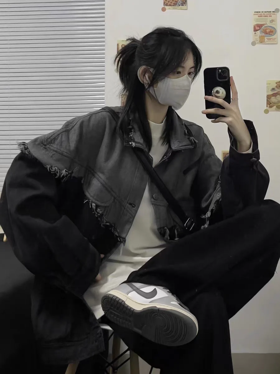 

Американский джинсовый джинсовый джинт в стиле ретро с потертостями в стиле ретро, мужской повседневный модный джинт Haome с отложным воротником