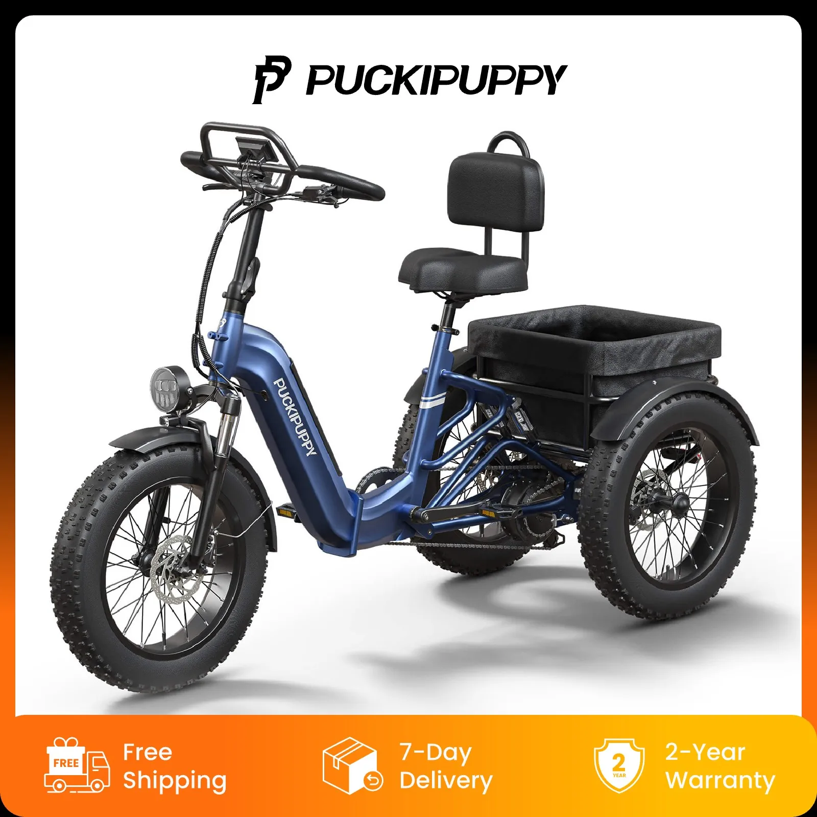 

PUCKIPUPPY Electric Tricycle for Adults 20" Fat Tire 3 Wheel with Full Suspension & Reverse Gear Turn Signal Torque Sensor