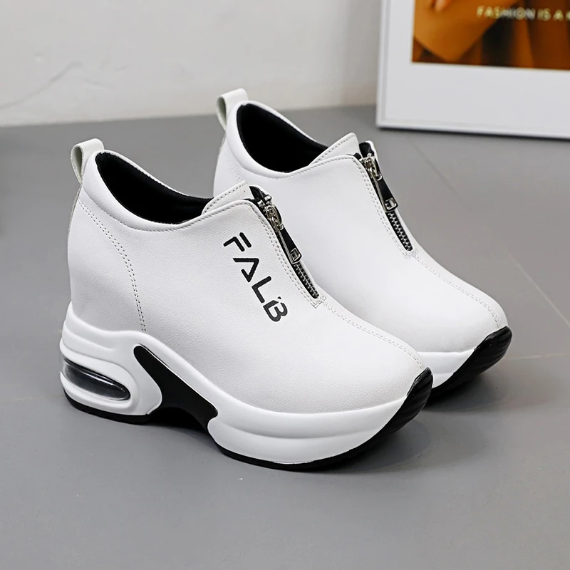 PU Leather Vulcanized Shoes Ladies 2024 Summer Chunky Platform Sneakers Women Front zip  Thick Bottom Wedge Casual Shoes Women