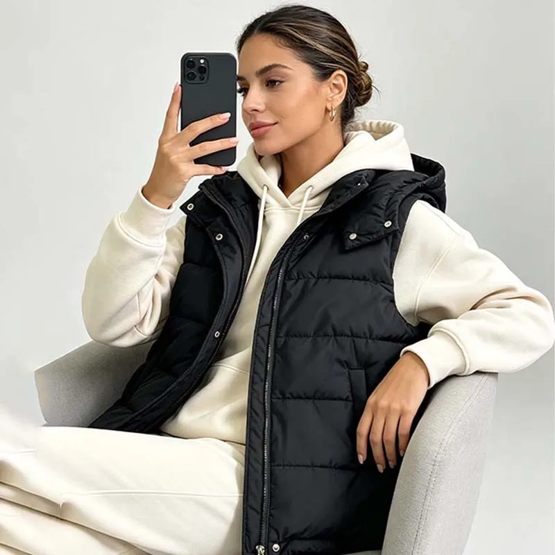Autumn Winter Thick Padded Cotton Hooded Sleeveless Zip Up Loose Warm Basic Classic Daily Outerwear Fashion Trendy Padded Vest