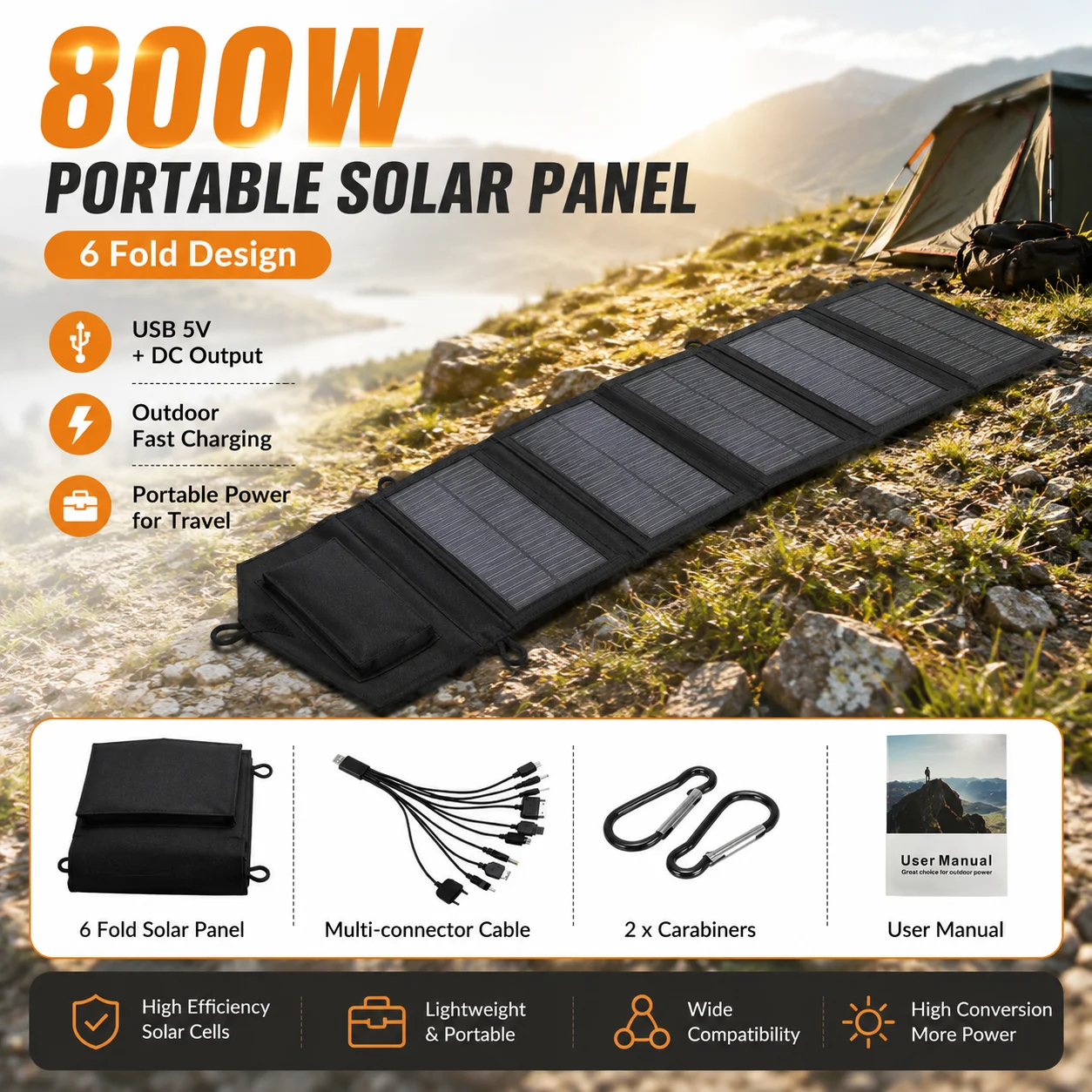 Panel Solar Portátil de 800W con Diseño de 6 Pliegues, Cargador Rápido de 20Wh, Fuente de Alimentación Móvil USB 5V DC para Exteriores