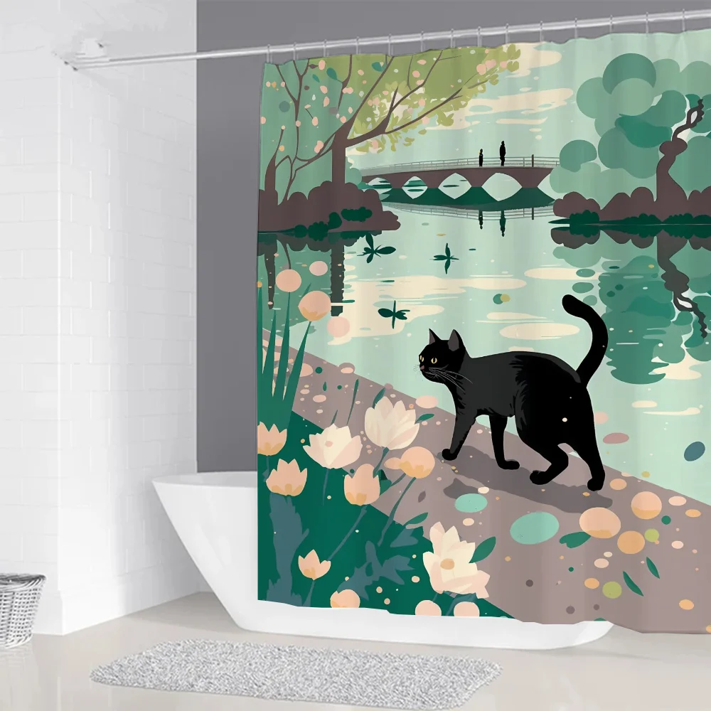 Black Cat Shower Curtains for Bathroom Showers Bath Folding Partition Curtain Accessories Bedrooms Waterproof Fabric Things the