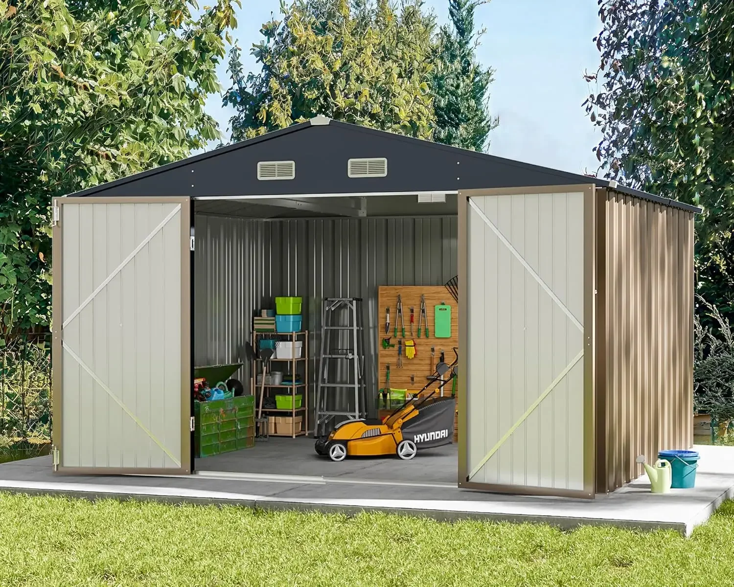 Shed 10FT x 8FT, casa de armazenamento de ferramentas utilitárias de aço com porta e fechadura, galpões de metal para armazenamento externo para jardim de quintal