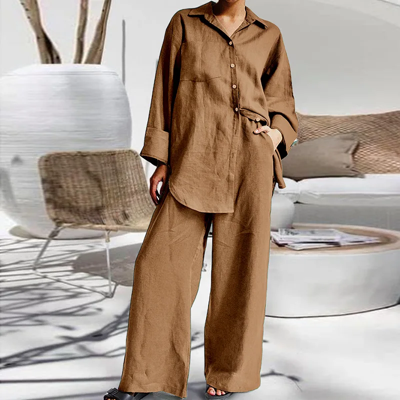 

2025 Spring And Summer Fashion Women's Clothing High Street Spring Clothing Nine-quarter Sleeve Shirt Loose Pants Two-piece Suit