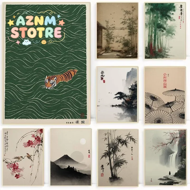 Japanese Traditional Asian Landscape Poster Retro Ukiyo-e Zen Ink Mountain Scenery Canvas Painting Wall Art for Room Home Dec