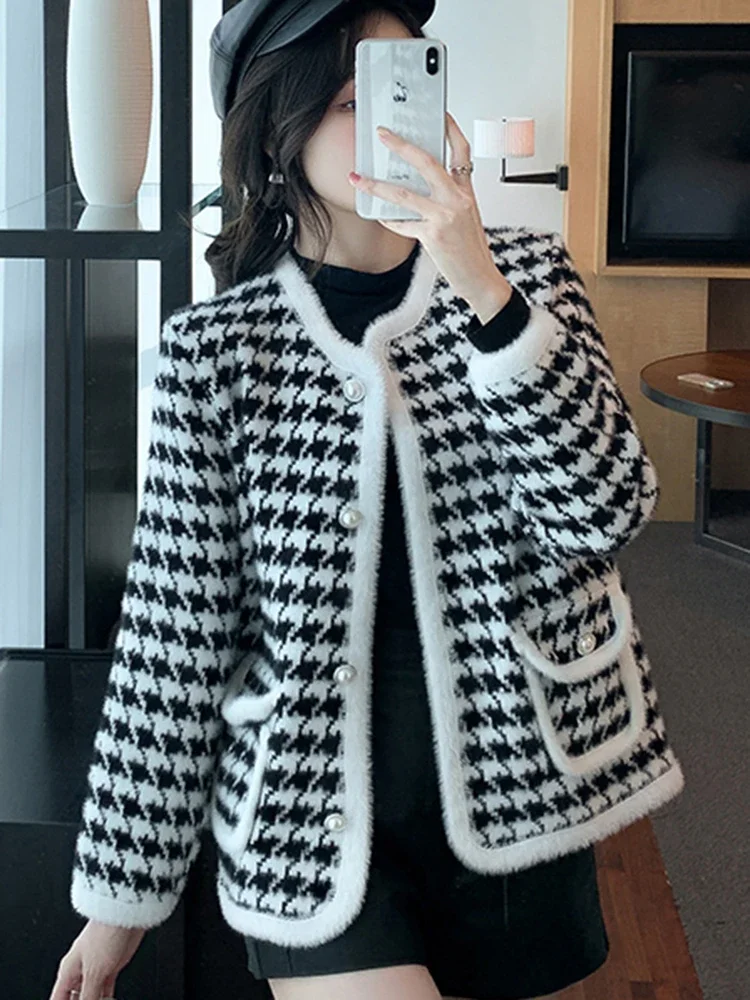 Chic Vintage Houndstooth Knitted Cardigans for Women O Neck Long Sleeve Female Cardigan Sweaters Autumn Winter Casual Knitwear