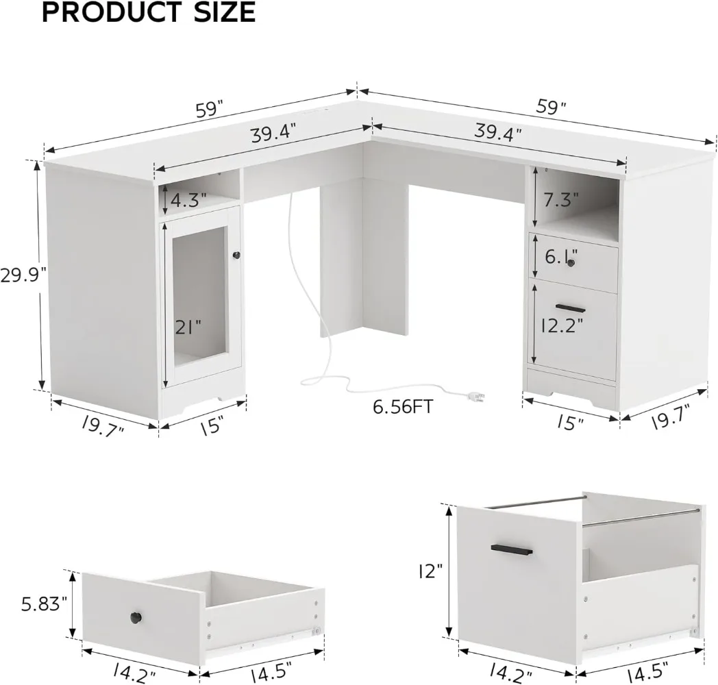 L Shaped Desk with File Cabinet, Corner Computer Desk with Storage Drawers, Large Home Office Table with Power Outlets