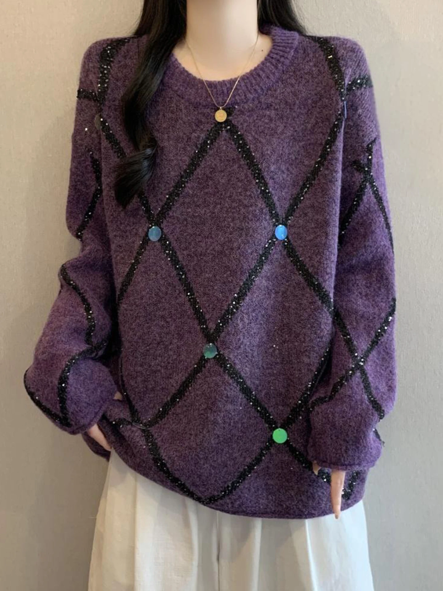 

Thiened Purple Sweater Women's Inner Wear Sparkling Sequin Knitted Top for Autumn Winter Commute Casual Faion plus Size