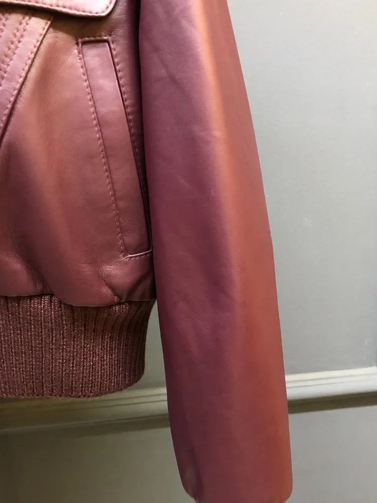 مكتب أنثى بلون التلبيب سترة جلدية حقيقية فضفاضة طويلة الأكمام جيب جلد الغنم مرونة الخصر ملابس خارجية عالية الجودة