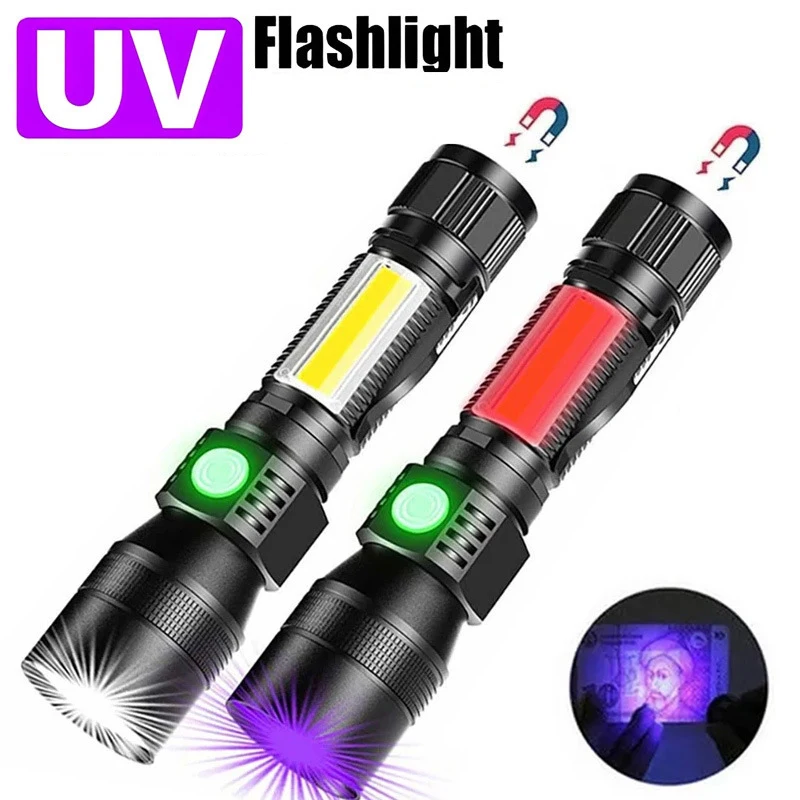 

USB Rechargeable UV Light & Strong Light Flashlight Camping Lantern With Magnet Pets Urine Stains Led Ultraviolet Torch Lamp