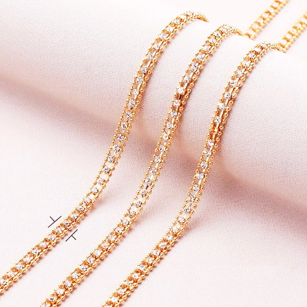 1 Yard/Lot Goldfarbene Strasskette zum Aufnähen, 3 Reihen Kristalle und Steine, Glasperlen, Körbchenkette, Klebe-Strass für Kleidung – Detail 9