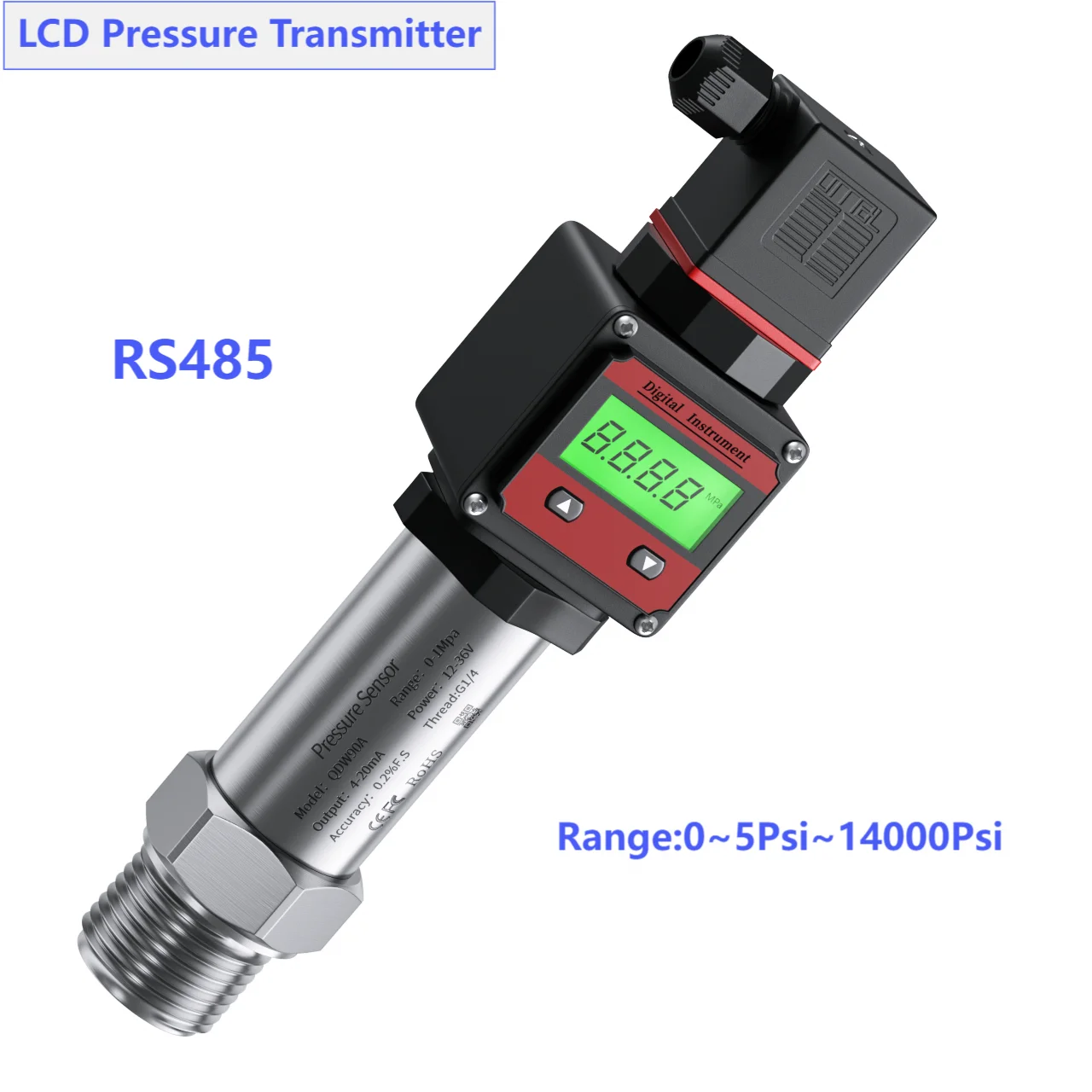 RS485 LCD Hersman Pressure Sensor Transmitter 20Psi 200Psi 2000Psi 14000Psi 800bar Range G1/4 G1/2 NPT1/4 LCD Pressure Sensor