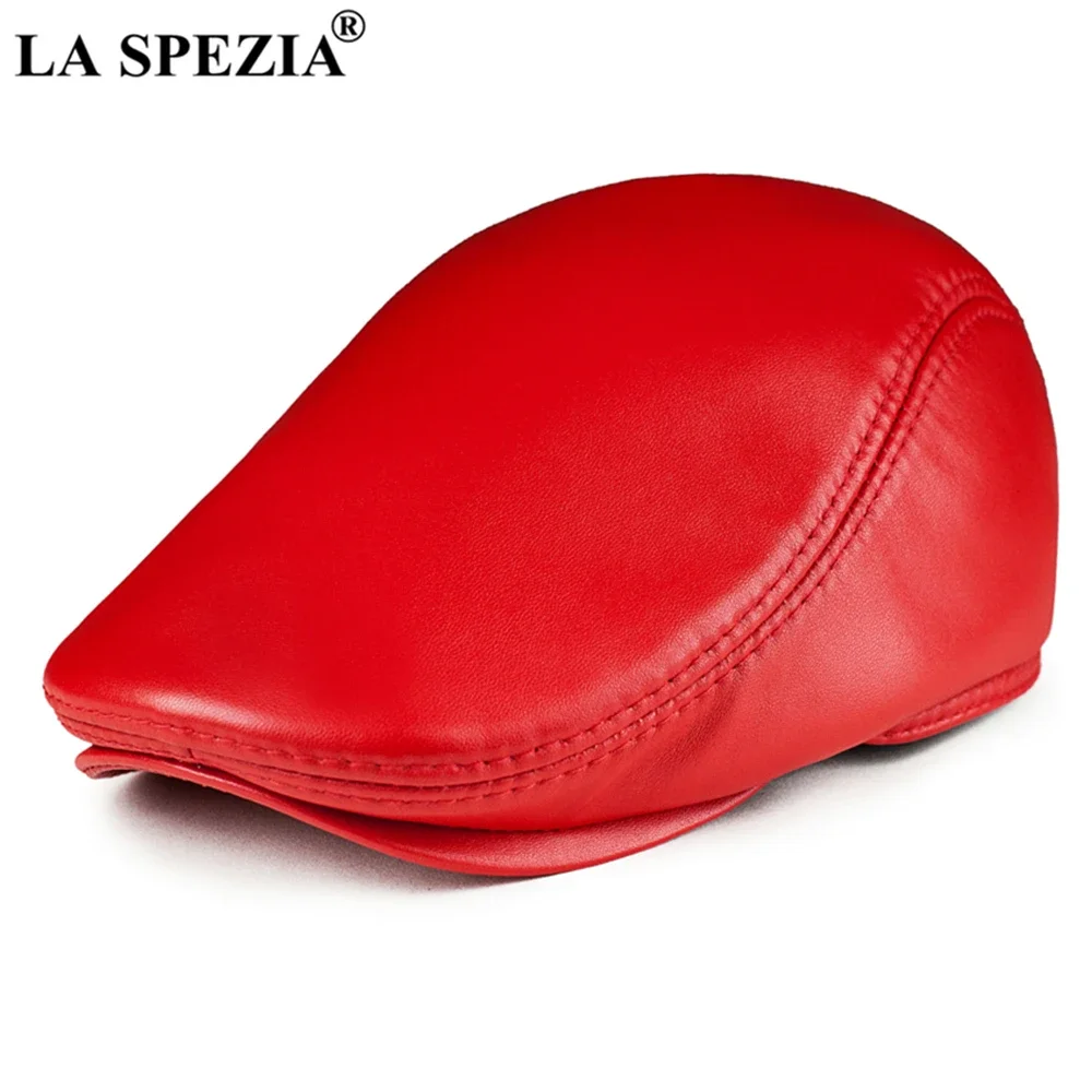 

LA SPEZIA Men Beret Real Leather Flat Cap Genuine Leather Sheepskin Earflaps Warm Autumn Winter Brown Black Red Women Ivy Cap