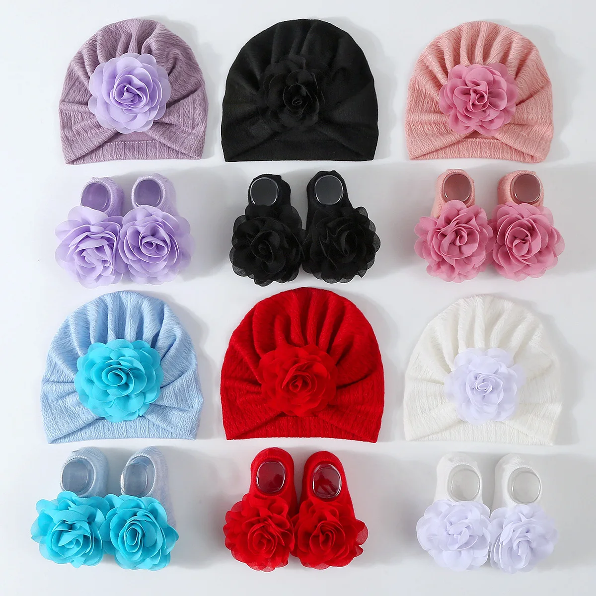 New Baby 1Set Big Flower Hats Socks Newborn Soft Solid Prewalker Anti Slip Sock Hat Girl Infant Cute Cap Beanies Turban Socks