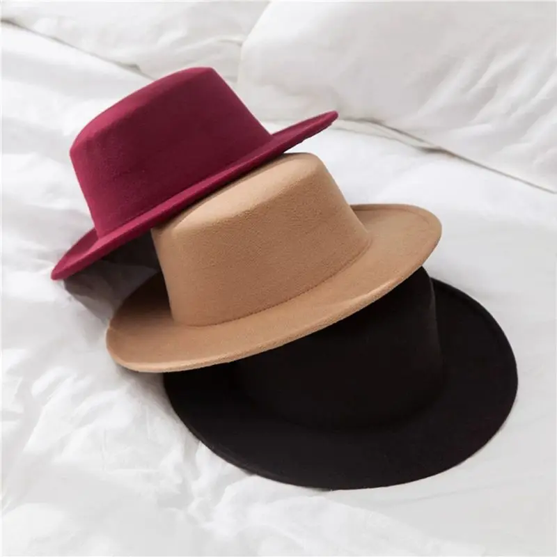 Flache Top Fedoras Hüte für Frauen Einfarbig Nachahmung Woolen Jazz Kappe Elegante Britischen Breite Krempe Damen Caps Bowler Hüte fedora