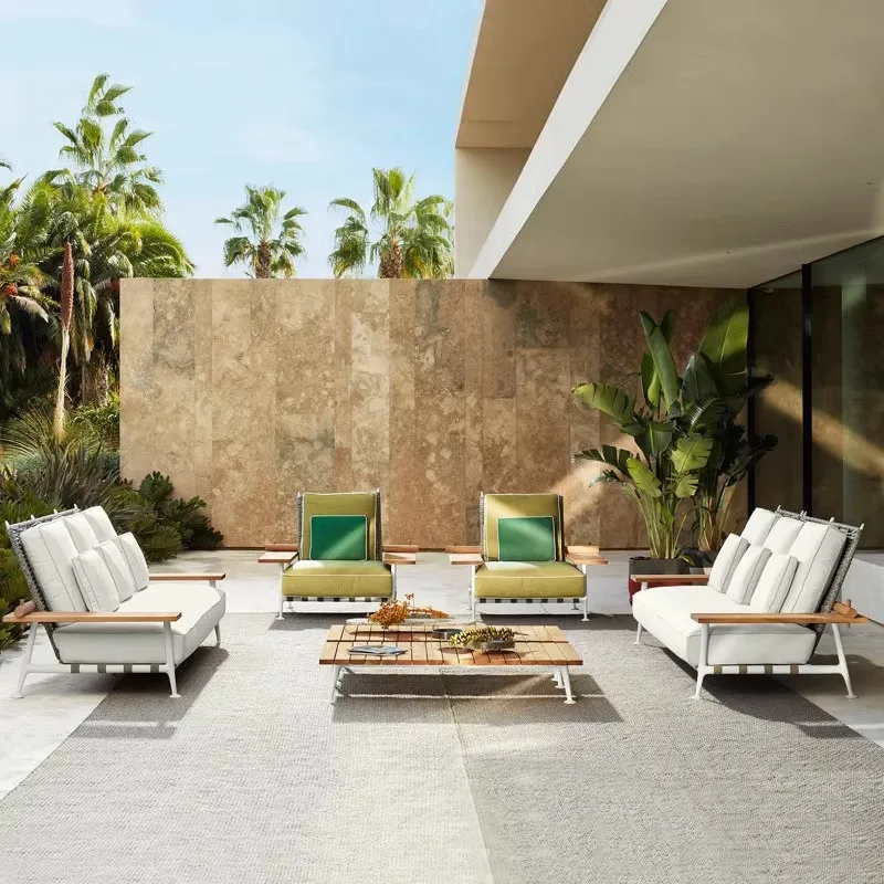 Outdoor sofa rattan art villa courtyard garden leisure outdoor terrace waterproof and sunscreen rattan teak sofa combination