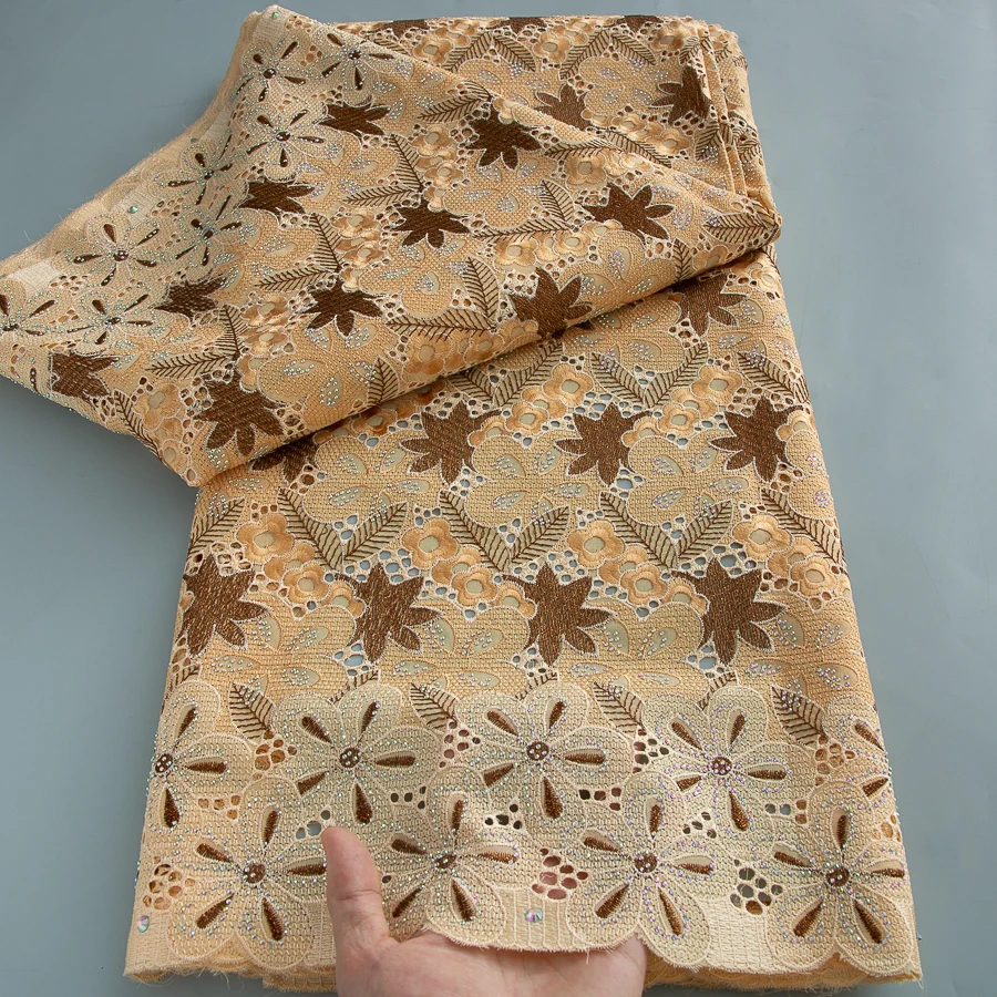 

Swiss Luxury Lace 2025 High Quality Fabrics 5 Yard Nigerian French Cotton Lace Fabric With Rhinestone For Elegant Dresses 5Yards