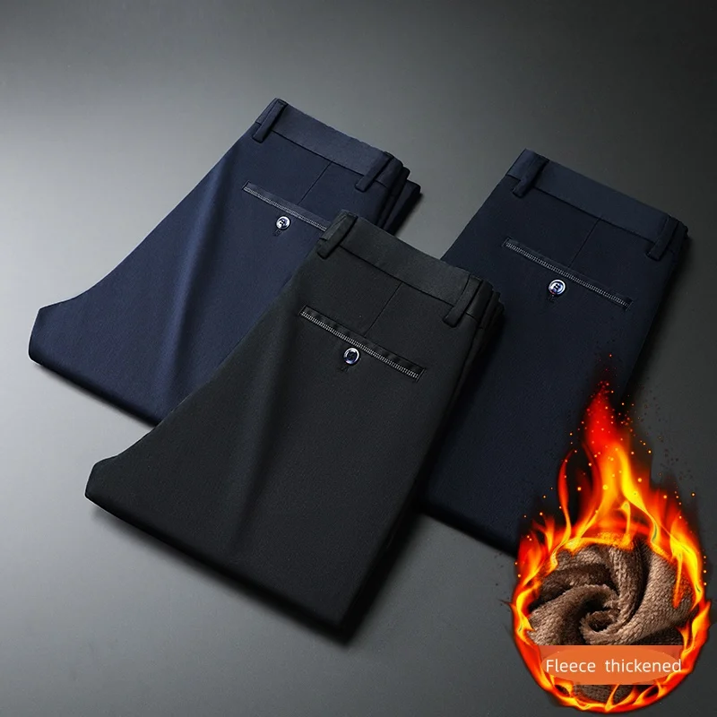 

Зимние фланелевые мужские повседневные деловые брюки, модные флисовые толстые теплые прямые темно-синие длинные брюки, мешковатые повседневные брюки