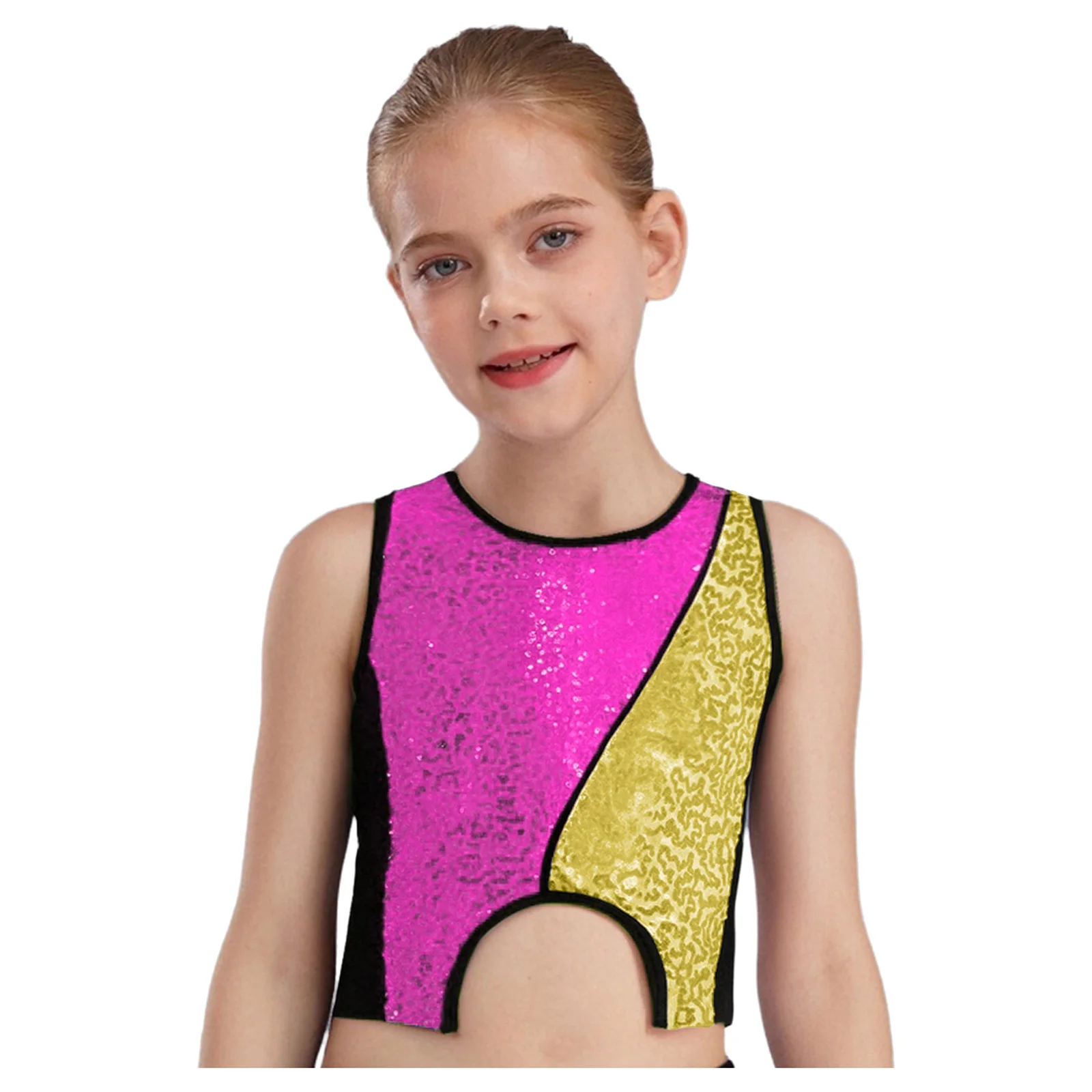 الجاز الهيب هوب الرقص القمم للأطفال الفتيات لامعة الترتر المحاصيل الأعلى اللون كتلة المرقعة تانك القمم سترة الهيب هوب الشارع أزياء رياضية #3