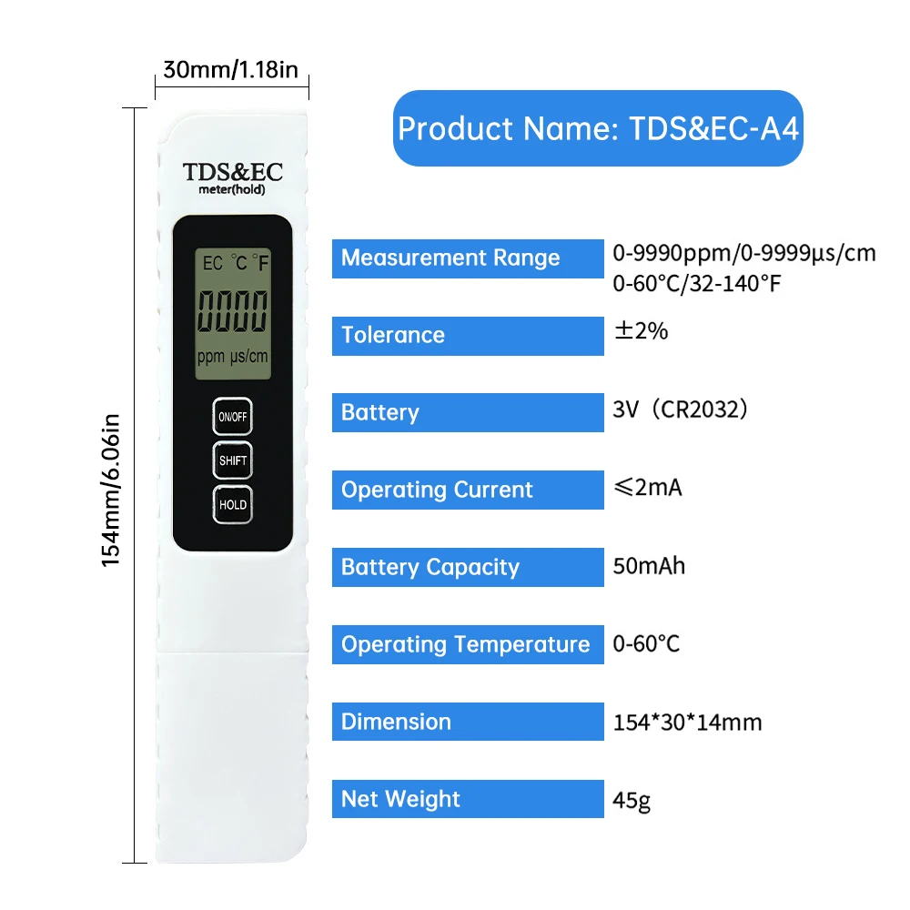 Water Quality Detection Pen Household Drinking Water TDS EC Meter Water Purity Temperature TEMP PPM Tester 0-9990ppm