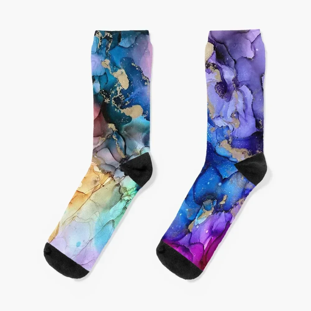 Unleashed - alcohol ink artwork blues, purple, pinks, yellow, gold Socks fashionable custom Socks Ladies Men's