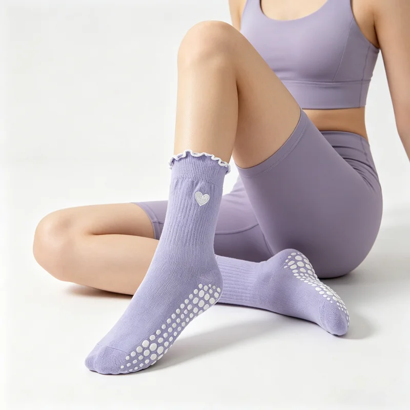 3 Pairs Women Heart Pattern Frilly Yoga Pilates Socks Non-Slip Silicone Grips Mid-Calf Indoor Sports Dance Floor Socks image 6
