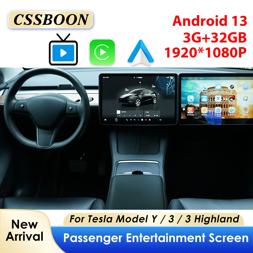 CSSBOON Per Tesla Modello 3 Y Highland Passeggeri Intrattenimento Schermo 3 + 32GB Supporto Carplay Android 13 Gioco Lettore multimediale Display