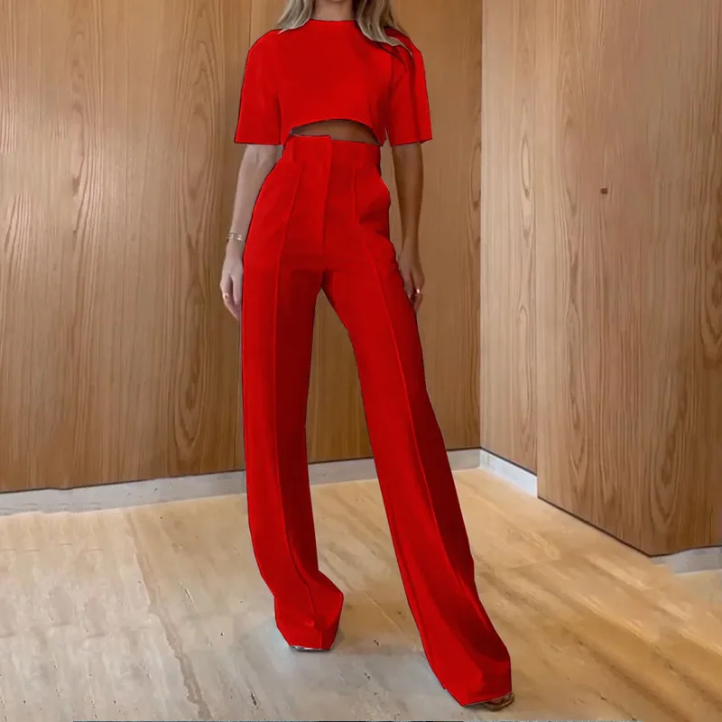 Moda Spodnie z wysoką talią Dwuczęściowe zestawy Wiosna Lato Crop Up T Shirty Stroje Biuro Eleganckie Solidne Spodnie Garnitur Biały