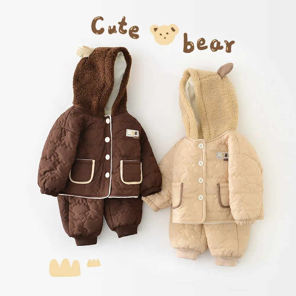 

MILANCEL зимний комплект детской одежды для детей от 6 месяцев до 3 лет, утепленная толстовка с капюшоном для девочек + штаны, свободный флисовый наряд с карманами для малышей