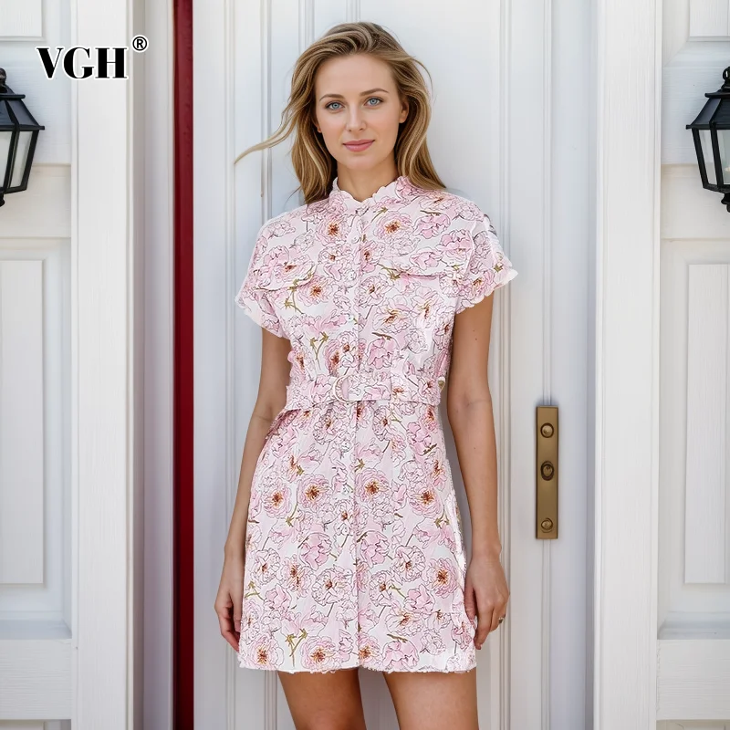 

VGH Hit Color Printing Mini Dresses For Women Stand Collar Short Sleeve High Waist Patchwork Belt Slim Dress Female Summer Style