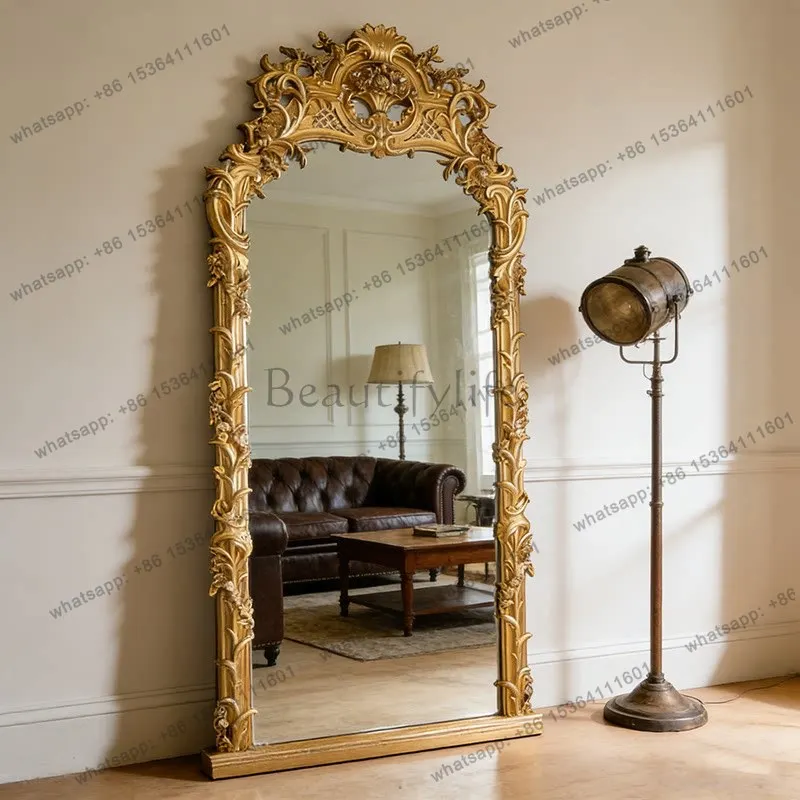 

French retro villa luxury full-length mirror wall-mounted bedroom floor-to-ceiling engraving fitting mirror