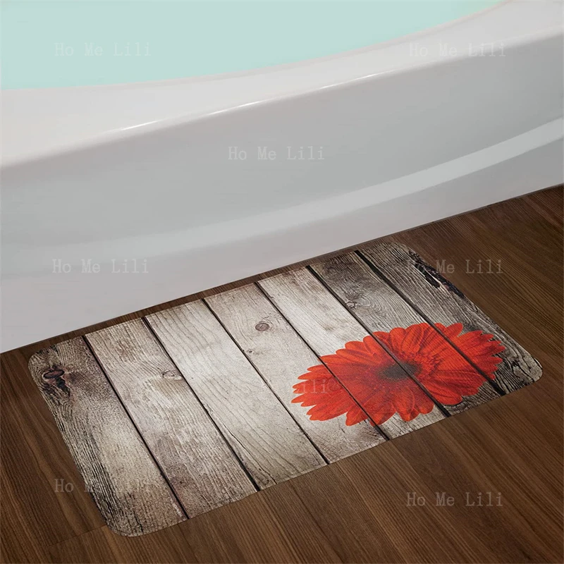 Rustic Flannel Floor Rugs Flower Red Dahlia On Foreground Of Murky Featured Dated Wooden Board Retro Art Print Bathroom Decor