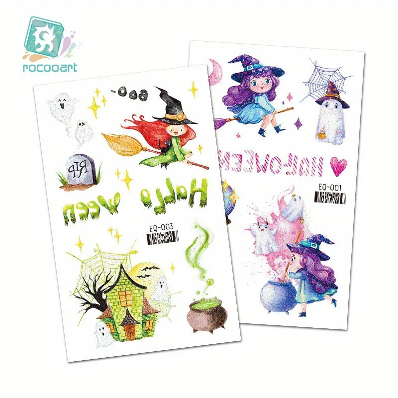 5 pcs White ink glitter temporary tattoo stickers for festivals. Halloween elf, bat and pumpkin