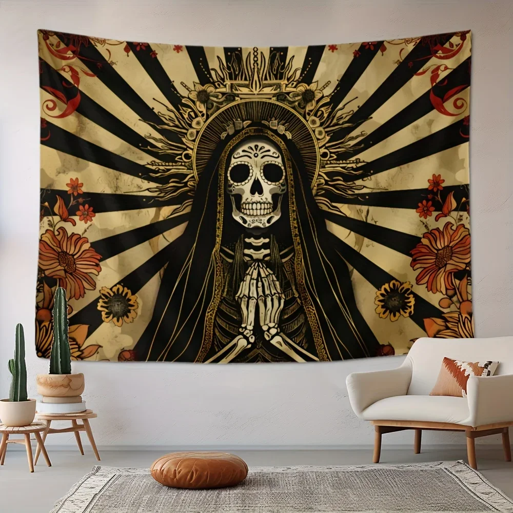 VIKAMA Halloween Gothic Wall Tapestry Mexico Day of the Dead Prayer Our Lady Sugar Skull Retro Radiant Sunflower Flower Wallclot