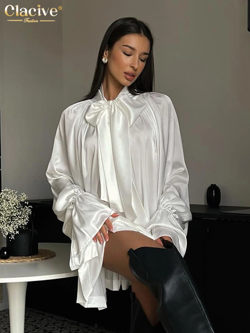 Clacive Casual Loose Black Satin Women\'s Dress 2024 Fashion Bow Collar Long Sleeve Emini Dresses Elegant Pleated Female Dress