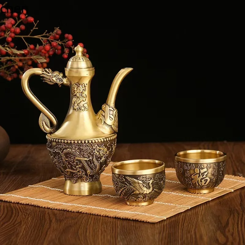 CZ Brass Dragon and Phoenix Wine Flask Creative Vintage Home Decorative Copper Craft Ornament for Banquets and Weddings