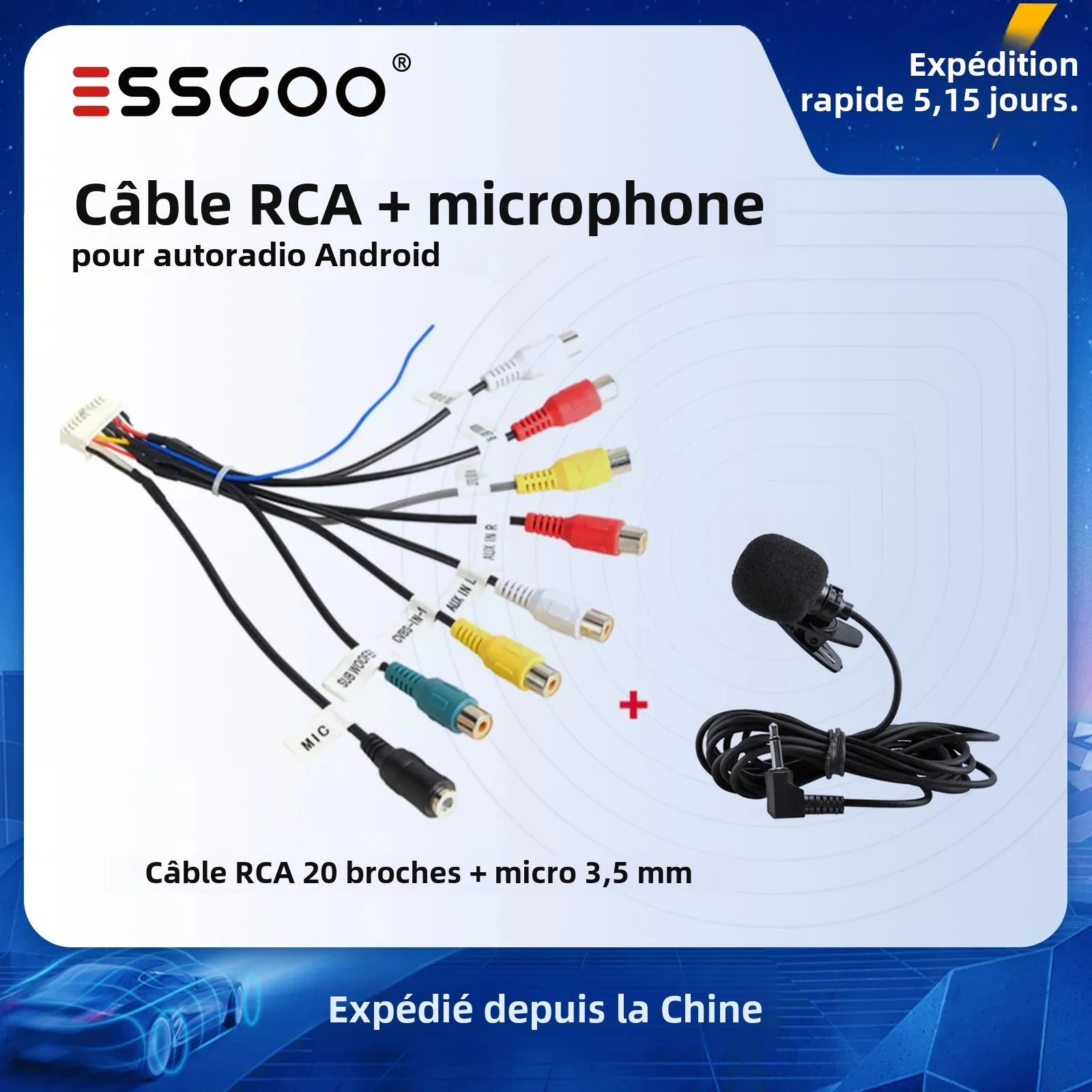 ESSGOO autoradio 3.5mm Microphone caisson de basses fils micro 20 broches câble RCA pour Android stéréo sortie caisson de basses Kit