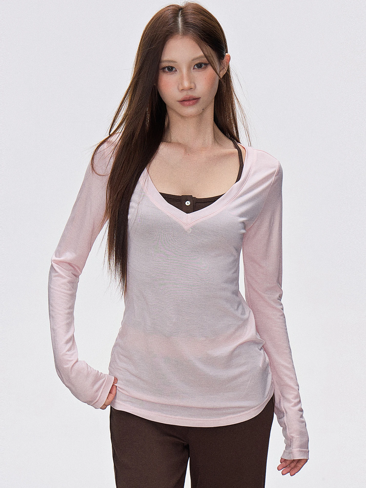 Loose Long Sleeve V-Neck T-Shirt Women's New Lightweight Thin Micro-Porous Sun Protection Cover up Lazy Atmosphere Top