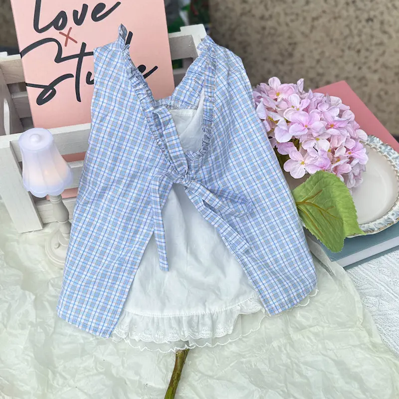Original Light Blue Plaid Splicing White Cotton Fabric Vest Dress Fresh and Cute Pet Cat Small and Medium Dog Dress