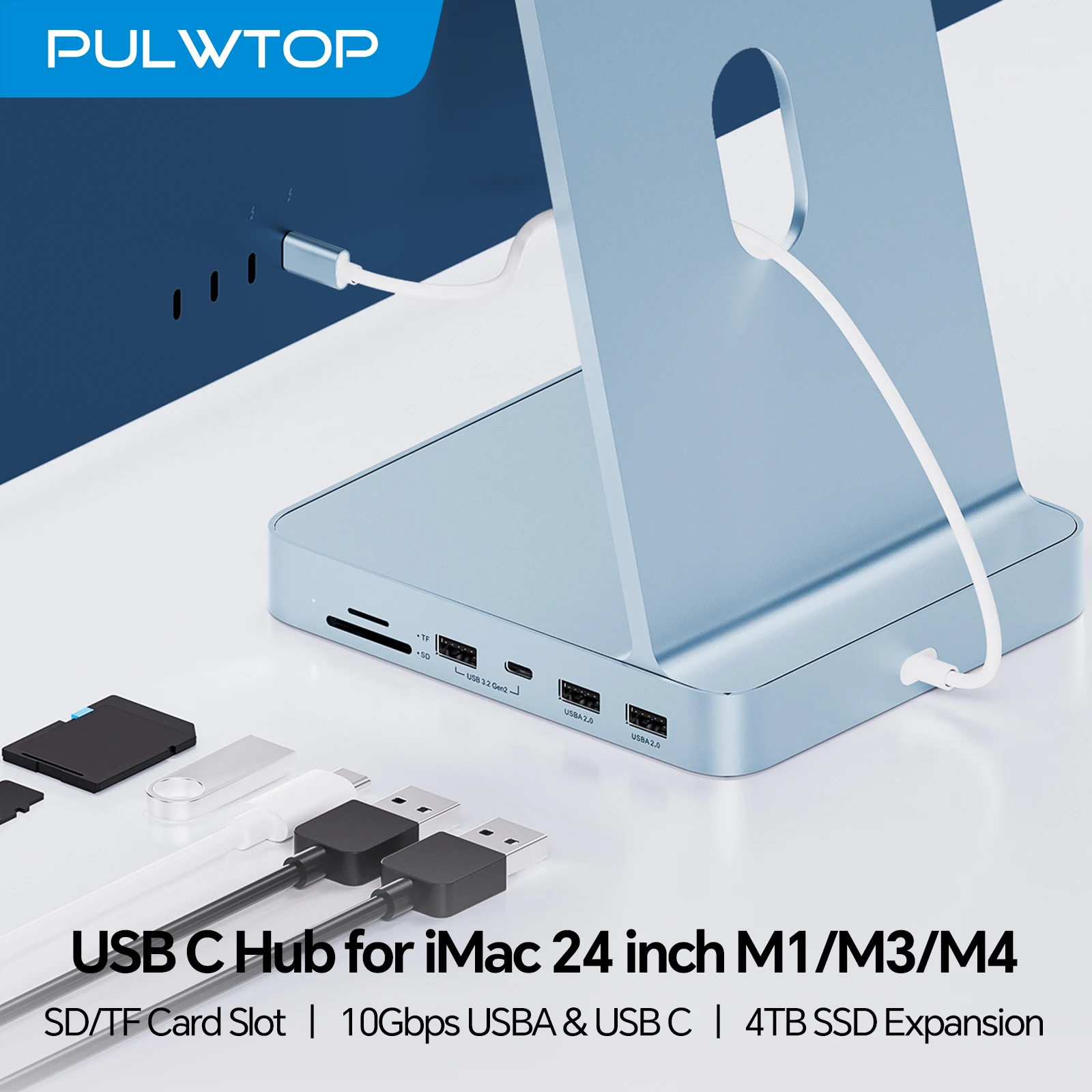 

PULWTOP USB C HUB for iMac 24 inch M1/M3/M4, with USB C 10Gbps, 3*USB A, SD/TF, Support Expand M.2 SSD (Not Included)