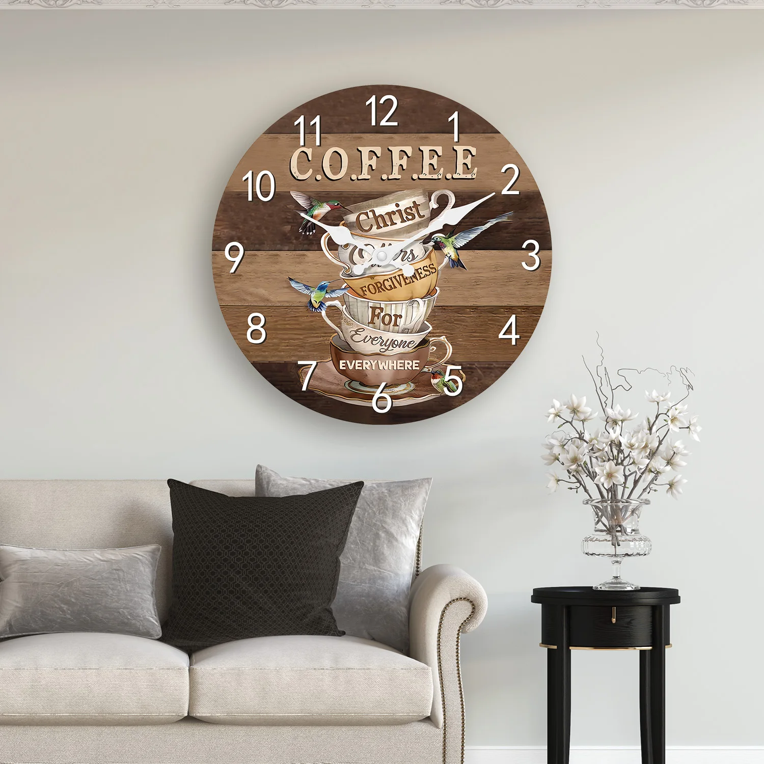 1pc wooden wall clock, lovely hummingbird and coffee designed brown wall clock, home mute clock, coffee shop decorative clock