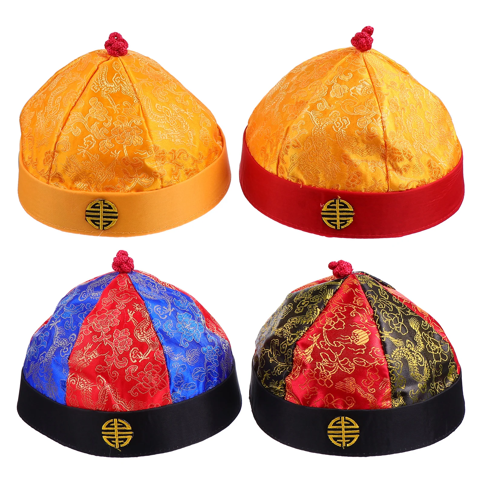 4 pezzi Cappello da principe della dinastia Qing Cappello da costume vintage per spettacoli in maschera Cappelli decorativi con copricapo reale in broccato con