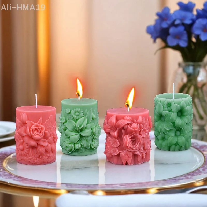 3D New Rose Style Aromatherapy Candle Silicone Mold Handmade Lily Cylinder Gypsum Resin