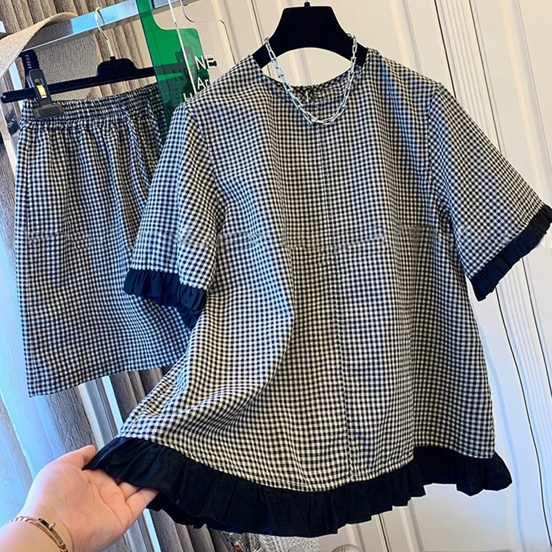 

Незкая цена, модный комплект, кружевной клетчатый комплект с цветочным принтом, ор Све, круглый, повседневный, свободный, летний, новый топ и боты, ансамбль