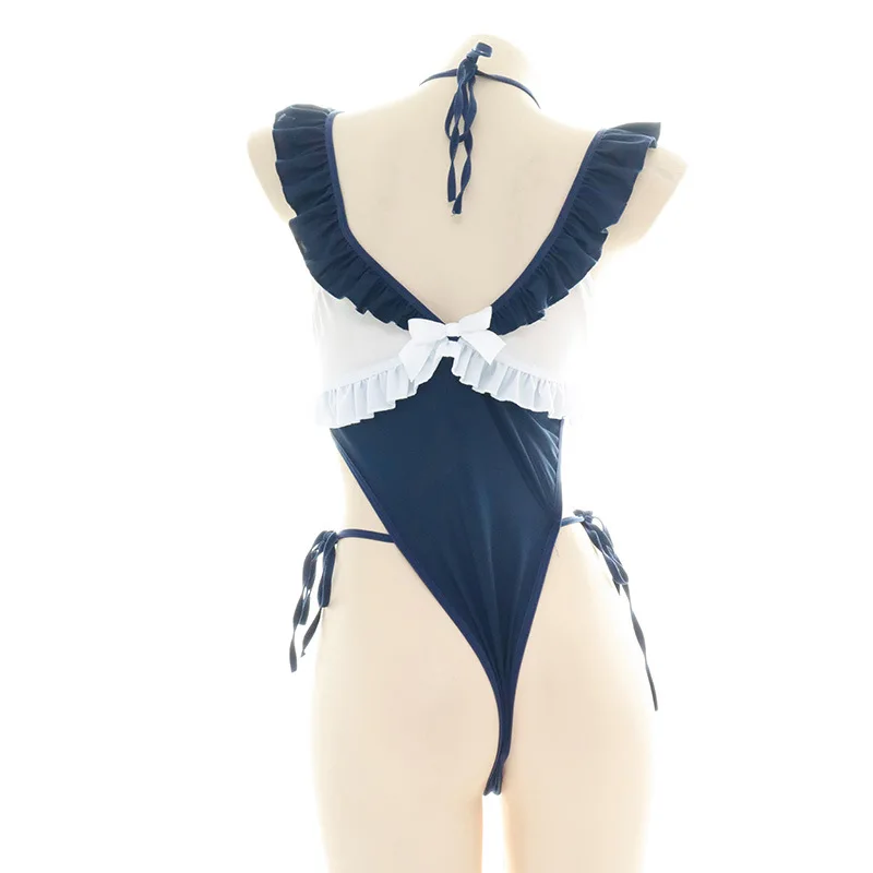 Cute Ruffled Edge One Piece Swimsuit Women High Split Bodysuit Anime Maid Cosplay Swimwear Cat Claw Design Bandage Bikinis view 5