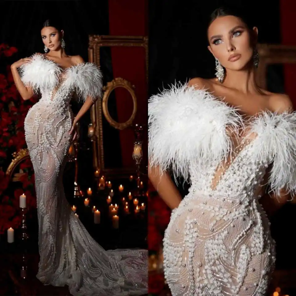 Luxury Customized Wedding Dress With Feather Sleeveless Full Appliques Beads Pearls Princess Bridal Gowns Vestidos De Novia