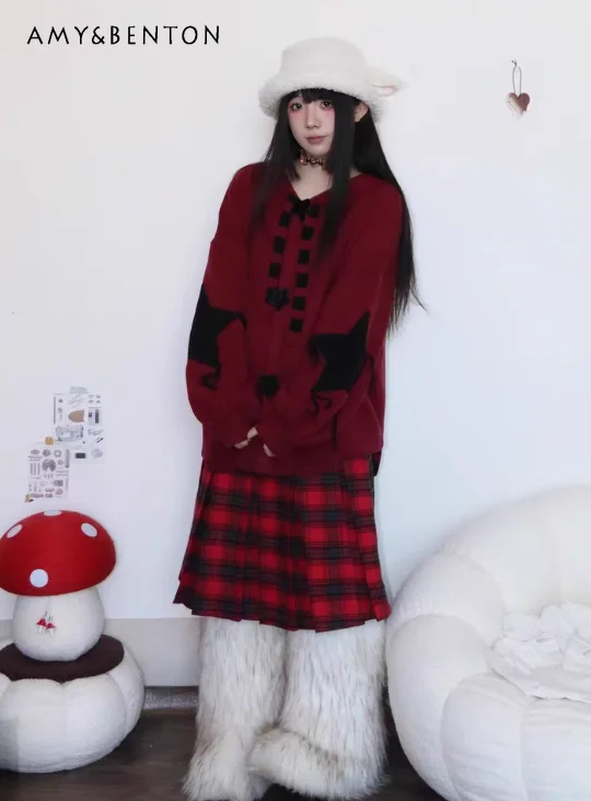 

Осень-зима 2022, новый субкультурный черный свитер в полоску со звездами и вышивкой, женский красный свободный повседневный вязаный кардиган с капюшоном