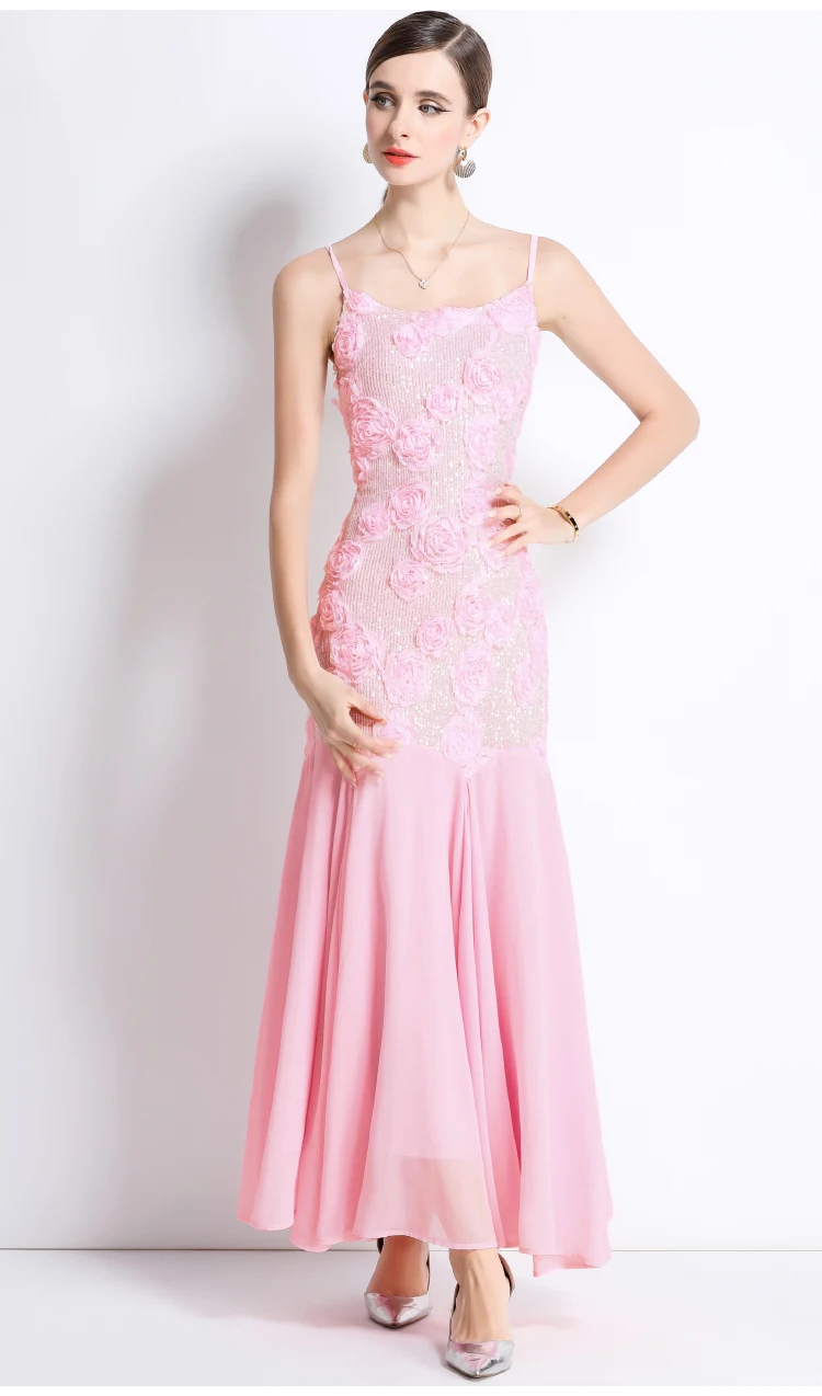 Summer French Elegant 3D Flower Reqiuns Long Prom Dress Women's Spaghetti Strap Sundress Blackless Evening Party Clothing